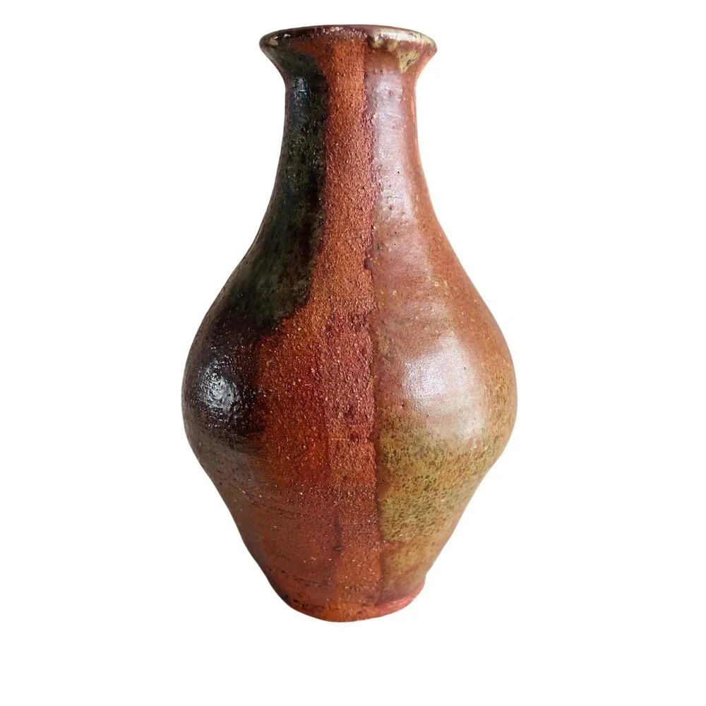 Signed Studio Pottery Vase Earthy Brown Green Glaze Hand Thrown Ceramic 7.75